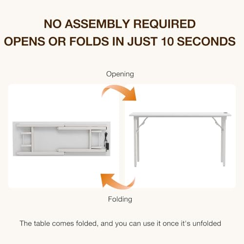 Image of TEMI Long Computer Desk Folding Table - No Assembly, Compact 55.1 inch Foldable Desk with Power Outlets & USB Charging Port, Portable Lagre Office Desk, Ideal Large Study Table for Narrow Spaces,White Ash