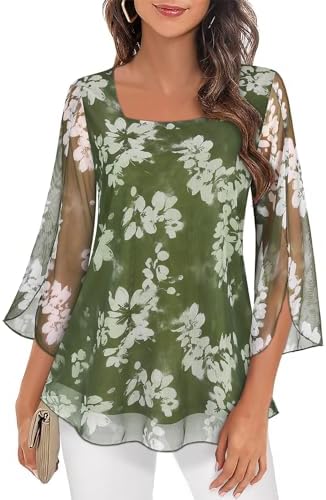 Luranee Women’s 3/4 Sleeve Square Neck Floral Blouses Shirts Double Layers Casual Office Flowy Dressy Tunics Tops S-2XL