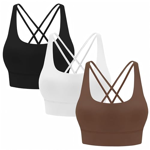 Image of MIRITY 3-Pack Strappy Sports Bras for Women - Criss Cross Back Padded Workout Yoga Top