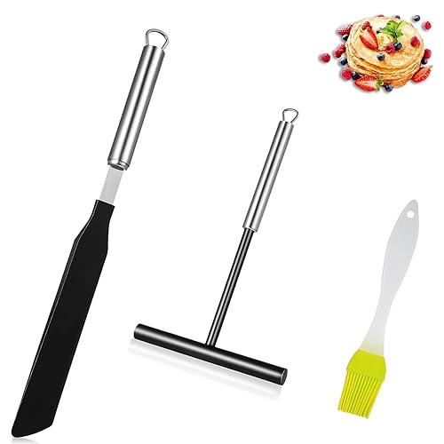 Eowppue 3 Pcs Crepe Spreader Stick and Spatula Turner Set, Paired with a Compact, Non-Shedding Silicone Basting Brush - The Crepe Making and Grilling Ensemble