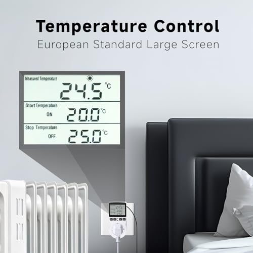Digitales Thermostat Steckdose 250V mit Temperaturfühler & LCD - Heizung/Kühlung für Gewächshaus, Terrarium, Aquarium, Reptilien (EU-Stecker)