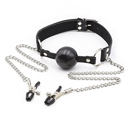 BFLaiCai Bavaglio A Sfera Con Morsetti Per Capezzoli Bondage Sessuale Bavaglio Per Bocca In Pelle Bavaglio A Sfera Catena Per Clip Per Capezzoli BDSM Gioco Di Ruolo Schiavo