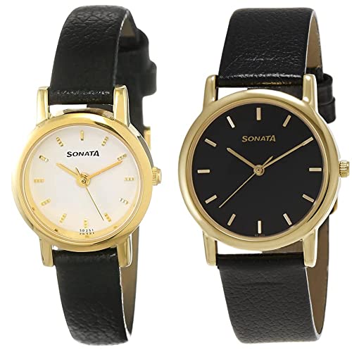 Image of Sonata Men Leather Analog White Dial & Black Dial (Nj8976Yl02W + Nj7987Yl03W) | Rakshabandhan Gifts, Band Color-Black