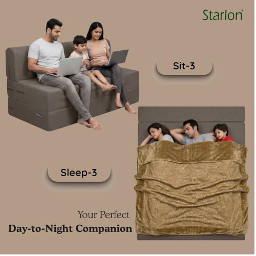 Image of Starlon 3 Seater Sofa Cum Bed Foldable 3-in-1 Sofa Bed with 1 Year Warranty, Washable Jute Fabric Cover | Coffee Brown 5x6.25 Ft