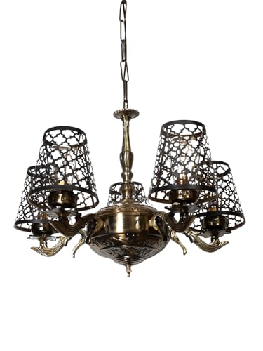 Image of Devansh 05 Lights Metal Etched Shade with Antique Golden Chandelier -Y