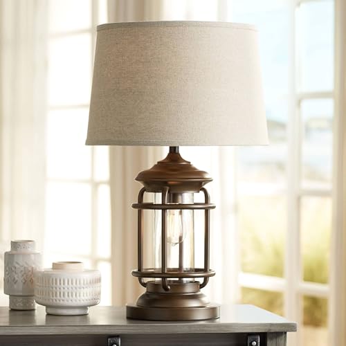 Franklin Iron Works Andreas 26" High Industrial Table Lamp with USB Ports A+C Charging LED Nightlight Brown Metal Oatmeal Fabric Drum Shade Antique Edison Bulb for Living Room Bedroom Bedside