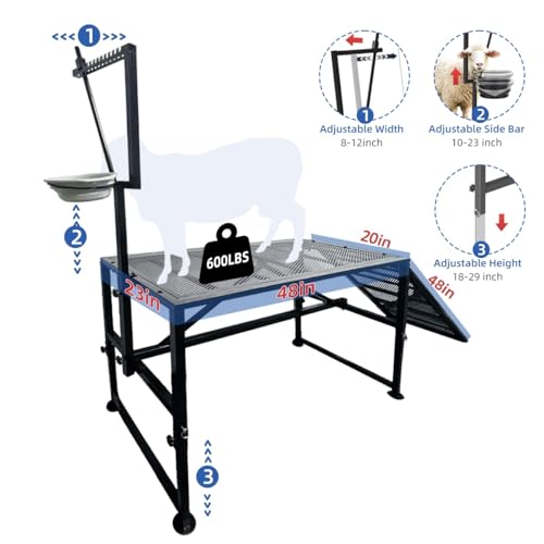 TERCFDSK Heavy Duty Height-Adjustable Metal Goat Milking Stand with Ramp & Feed Bin, 600LBS Capacity Livestock Trimming Stand for Goats, Lambs & Sheep