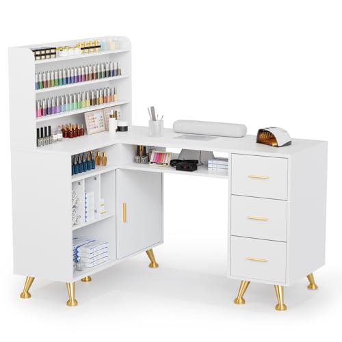 OmySalon L Shaped Manicure Table with Dust Collector 52 L Corner Nail Desk for Nail Techs w/Polish Display Rack Arm Rest Acetone Resistant Top Drawer and Cabinet Storage for Nail Salon