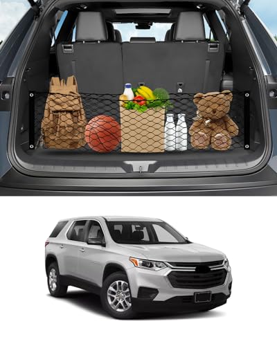 Karltys Envelope Style Cargo Net for 2018-2024 2025 2026 Chevy Traverse Accessories Elastic Rear Trunk Mesh Cargo Net for Traverse Heavy Duty Nylon Mesh Storage Netting with Metal Hooks