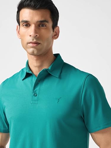 Image of TECHNOSPORT Men's Solid Slim Fit Polo Collar T-Shirt COTFLEX Half Sleeve Button Polyester for Gym Running Workout UPF50+ Anti Odour