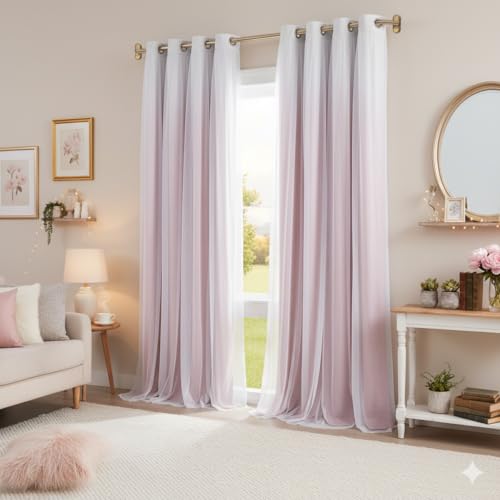 Amzdecor Pink White Ombre Full Blackout Curtains with Sheer Overlay