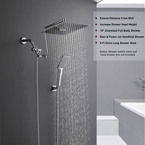10" High Pressure Rainfall Shower Head With Handheld Combo, Upgrade 12" Extension Arm Height Adjustable, Powerful Stainless Steel Shower Head, Brass Shower Holder Extra Long Shower Hose, Chrome #TOP5