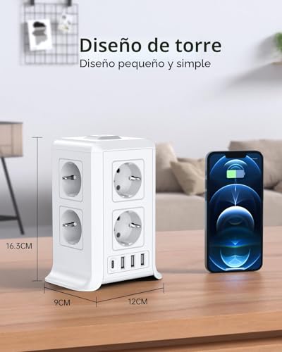 Miniatura 6 de Torre Regletas Enchufes, Regleta Usb 8 Tomas De Ac Y 4 Usb Enchufe Multiple, 2500w 10a,Regleta Enchufes Proteccion Sobretension,2m Regreltas Vertical Con Interruptor Para,Casa, Mesa, Oficia, Blanco