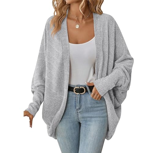 OULIWANGLUO Damen Leichte Fledermausärmel Strickjacke Mid Lang Cardigan mit Taschen Casual Lockere Strickpullover für Herbst (Grau,XXL)