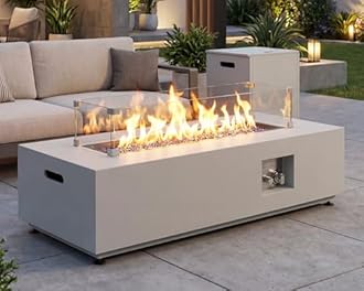 NICESOUL 42" Outdoor Rectangle Fire Pit Table, Modern Low Profile Patio Firepits with Tank Table, 50,000 BTU Firepit Table for Outside, Exterior, Porch, Backyard or Garden, No Assembly, Grayish White