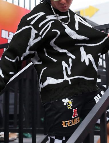 ZAFUL Men's Oversized Sweater Long Sleeve Crewneck Y2K Graphic Color Block Casual Knitted Pullover Sweater2