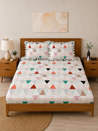 Image of 380 TC Premium Glace Cotton Elastic Fitted Bedsheet King Size with 2 Pillow Covers King Size | Double Bed with All Around Elastic (White Trangle, Fitted Queen-60x78)