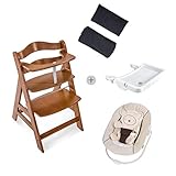 Hauck Newborn Set (4 Teilig): Alpha Hochstuhl, dunkelbraun + Babywippe (Motiv: Teddy) in beige ab Geburt nutzbar + Essbrett, weiß + Hochstuhlauflage Deluxe, dunkelgrau