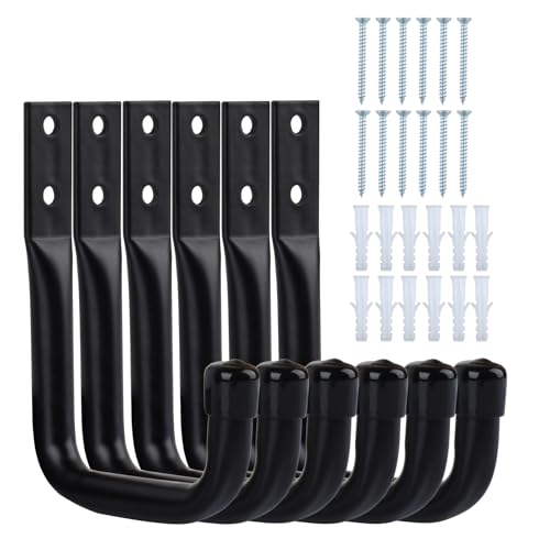 ALAHUGYEF 6 Pcs Gancho Pared de Garaje Resistentes, Gancho Bicicleta Ganchos para Colgadores de Pared Negro, Soporte Ganchos en J para Herramientas de Jardín Eléctricas