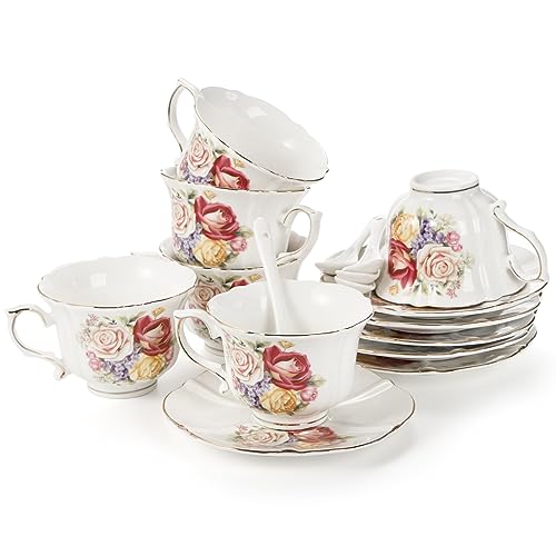Pumtus 6 Pack Tea Cups and Saucers, 8 OZ Floral Ceramic Coffee Cup Set with Spoon, Vintage Rose British Teacups with Gold Trim, Cappuccino Mug for Latte Mocha Espresso for Tea Party, Cafe - Thumbnail 3