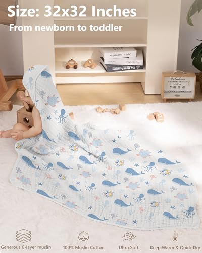Image of Baby Bath Towels, 100% Muslin Cotton Hooded Baby Towels for Newborn, 2 Pack Baby Towels with Hood for Infant Toddler and Kids, Large 32x32Inch Unisex Bath Essentials, Soft and Absorbent