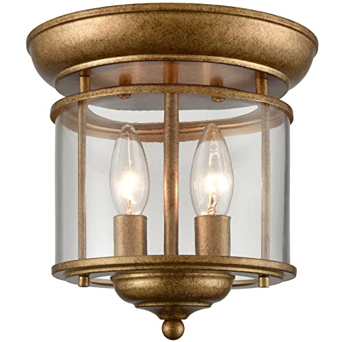 Samteen Antiqued Gold Flush Mount Ceiling Light Glass Shade Mid Century Modern 2-Light Brass Ceiling Light Fixtures For Hallway, Bathroom, Kitchen, Bedroom, Living Room #TOP14