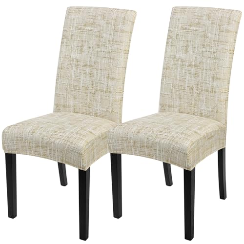 Image of SearchI Dining Room Chair Covers Set of 2, Stretch Printed Parsons Chair Slipcovers Removable Washable Kitchen Chair Protector Cover for Dining Room, Hotel, Ceremony (Flaxen Print)
