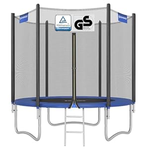 SONGMICS Trampolin Ø 244 cm, Gartentrampolin für Kinder mit Sicherheitsnetz, Randabdeckung, Leiter, 180 cm hohe gerade Stangen, Stahl-Rahmen, schwarz-blau STR8FT