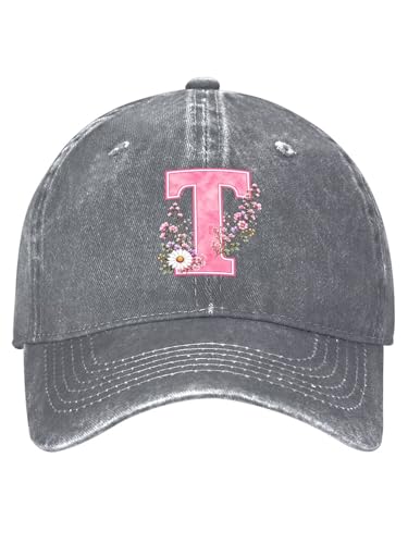Letter T Trucker Hat for Women, Washed Cotton Vintage Adjustable Baseball Cap, Sun Hat Dad Hat Gift Gray