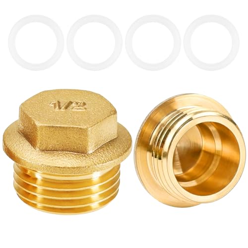GmwyCzV 2 Piezas Tapón de Latón, 1/2 Pulgadas Tapa Ciego de Latón Hexagonal con Junta de Silicona, Tapón de Tubería de Agua Tapones para Grifos, Tuberías de Agua, Válvulas de Lavadora