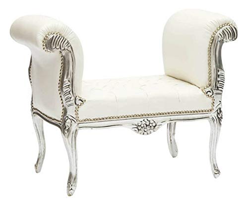 Canapé-banc Silver capitonné, style baroque, argenté, tissu blanc