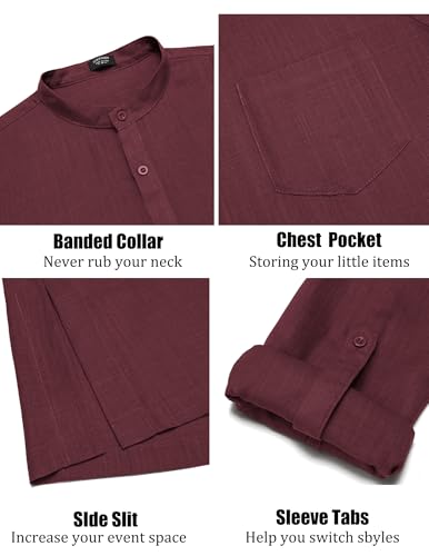 COOFANDY Men's Linen Henley Shirts Long Sleeve Collarless T-Shirts Longline Kurta Beach Shirts with Pocket 5