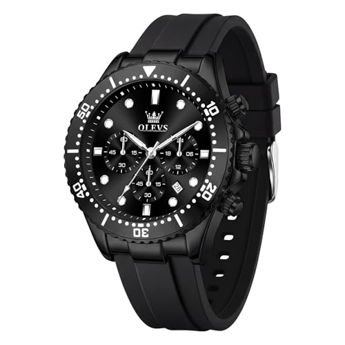 Image of OLEVS Men's Watches Sport Chronograph Analog Quartz Watch for Men with Date Waterproof Dress Casual Fashion Watch Soft Silicone Rubber Strap Band, Unidirectional Bezel & 42mm Big Face