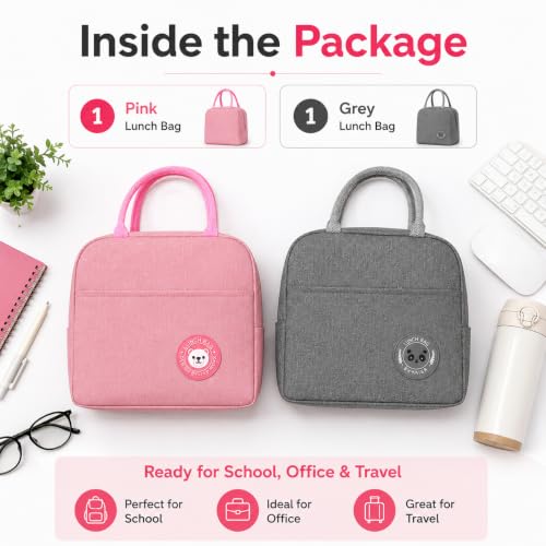 Image of Milton Lunch Bag Set of 2 with Insulated Interior, Reusable Food Carrier for Office School College and Daily Commute, Lightweight Design with Spacious Storage, (Pink,Grey