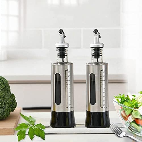 Olive Oil and Vinegar Dispenser Bottle Set, Stainless Steel Transparent Glass Oil Bottle Measuring Dispenser Set with Funnel - 2 Pack