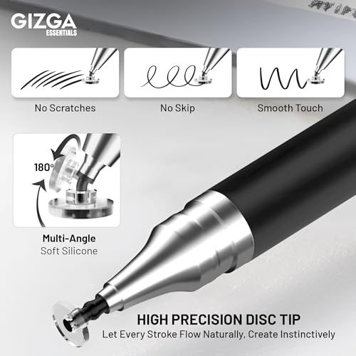 Image of Gizga Essentials 2 in 1 Universal Stylus Pen for All Touchscreen Devices| Fine Point Disc Tip & Soft Rubber Tip Touch Pen for iPad /Pro /Air /mini, iPhone, iOS /Android, Tablets, Smartphones, (Black)