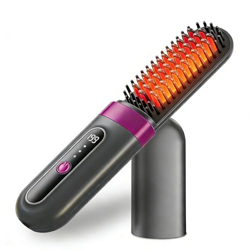 Cordless Hair Straightener Brush for Women, Fast Heating Anti-Frizz Hair Styling Tool, 3 Heat Settings, 300M Negative Ions, Portable Rechargeable Straightening Brush for Travel & Daily Use