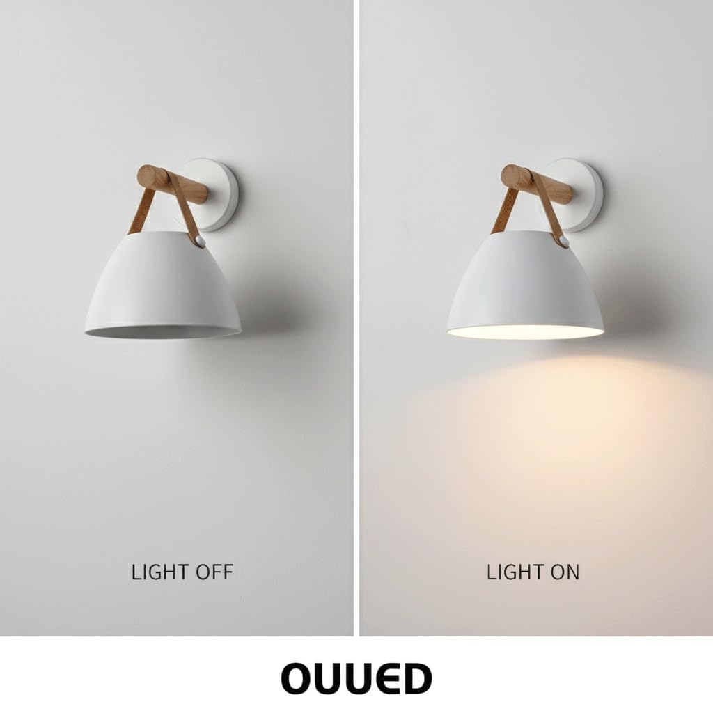 Kinkiet do sypialni, korytarza, wnętrza, nowoczesne drewno, lampa ze skórzanym paskiem, nordycki biały metalowy klosz, lampa nocna z podstawą E26/E27, minimalistyczny