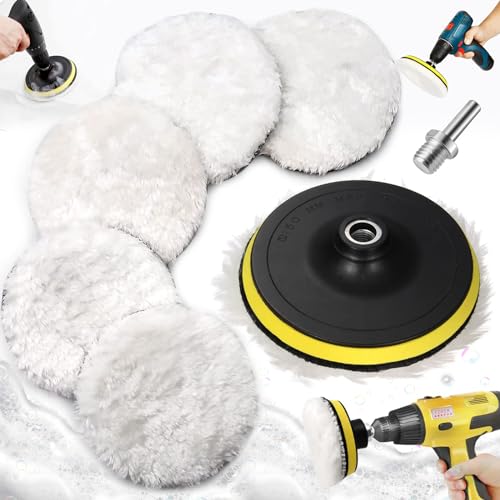 Liekadijiae 5 Stück Auto Polierhaube, 125mm Polierschwamm, Polierpad, Polierschwamm 125mm Klett, Wolle Polierteller Set, Wolle Pad mit Pad Polierscheibe und M10 Bohrer Adapter für Auto Polierauto