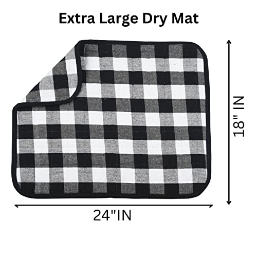 Image of Dish Drying Mat for Kitchen Utensils, Reversible Absorbant Cotton Checks Drying Mats, Washable, Counter top Cushion Pad Tableware, 46x61 Cms Black by Lushomes (18x24 Inches, Set of 2)