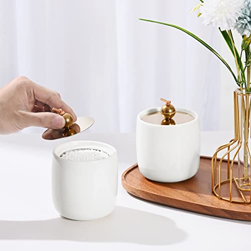 2 Pack Ceramic Qtip Holder Dispenser with Gold Lids, White Apothecary Jars Bathroom Vanity Organizer for Home Decor - Bathroom Canister for Cotton Swabs, Rounds, Balls, Makeup Sponges, Bath Salts by Satu Brown - Used condition - Image 3