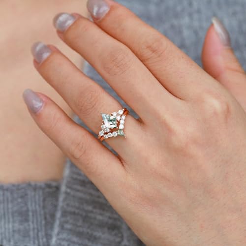 1CT/1.5CT/2CT Moss Agate Wedding Ring Set - Pear/Kite/Princess/Hexagon Cut Moss Agate Bridal Sets Wedding Rings White Yellow Rose 10K 14K 18K Gold Art Deco Anniversary Promise Ring Set2