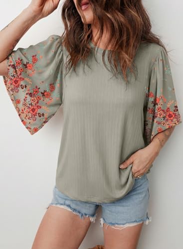 EVALESS 3/4 Length Sleeve Womens Tops Dressy Casual Blouses Cute Bell Sleeve Tops Floral Print Crewneck Patchwork Shirts 2026 Trendy Spring Summer Outfits Beach Vacation Clothes Sage Green Medium — view 5