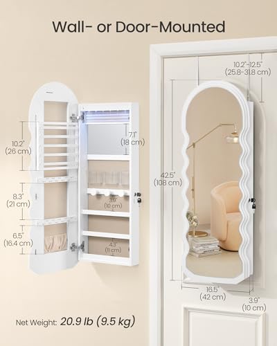 Image of SONGMICS Mirror Jewelry Cabinet Wall Mounted Over the Door, Hanging LED Jewelry Organizer, Lockable Wavy Wide Mirror with Storage, Interior Lights, 3.9 x 16.5 x 42.5 Inches, White UJJC031W01