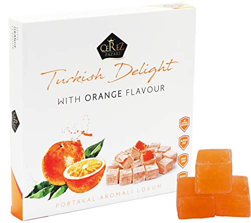 Cerez Pazari Turkish Delight with Orange Flavor 14 Oz Gourmet Medium Size Snacks Gift Box | No Nuts Sweet Luxury Traditional Confectionery Vegan Soft Candy Dessert Glucose Free Lokum (Loukoumi) Approx.40 Pcs