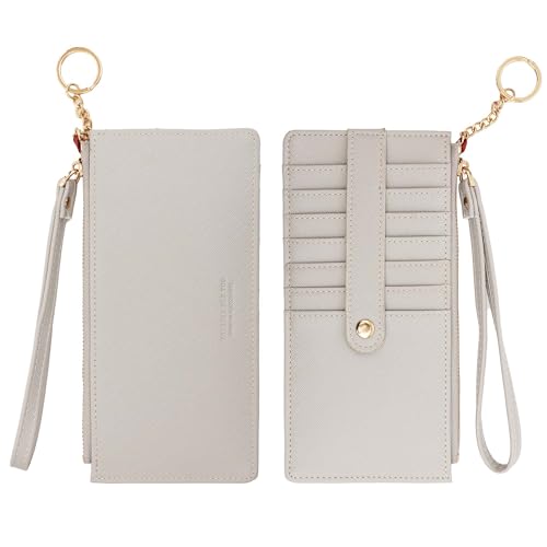Wristlet Slim Credit Card Wallet Holder Change Pouch, Keychain Wallet RFID Blocking Business Cards Cases with Zipper Pocket for Cash, Coin, Receipt, ID Card Case (Grey)