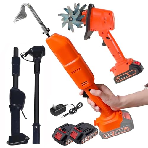 Tiller eléctrico inalámbrico para jardín con mini azada de excavación y poste telescópico, ideal para la preparación del suelo y deshierbe en espacios pequeños