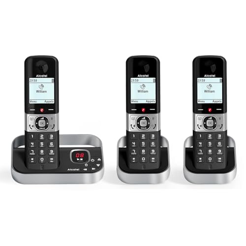 ALCATEL F890 Voice Trio - Téléphone Fixe Sans Fil DECT Avec Répondeur - Écran Graphique Haute Résolution - Mains Libres - Blocage Des Appels - Sonnerie VIP - Répondeur 50 Min - 3 Combinés - Noir/Gris