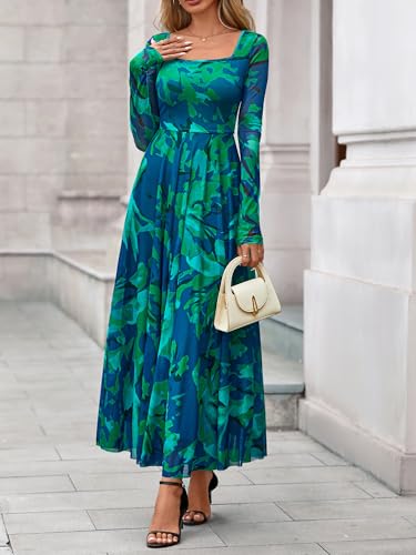 BTFBM Women Maxi Dress Fall 2025 Fashion Elegant Long Sleeve Square Neck Floral Print Party Club Wedding Guest Dresses