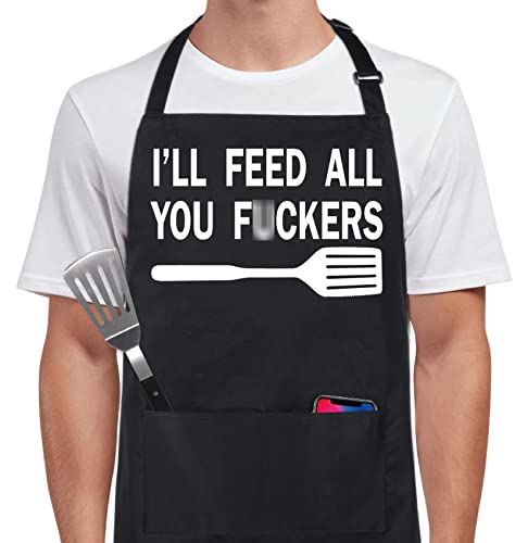 Xornis 100% Cotton Funny Apron I'll Feed All You with 2 Pockets Kitchen Cooking Adjustable Chef Aprons Gifts for Men Women Friends Brothers Father's Day Mother's Day